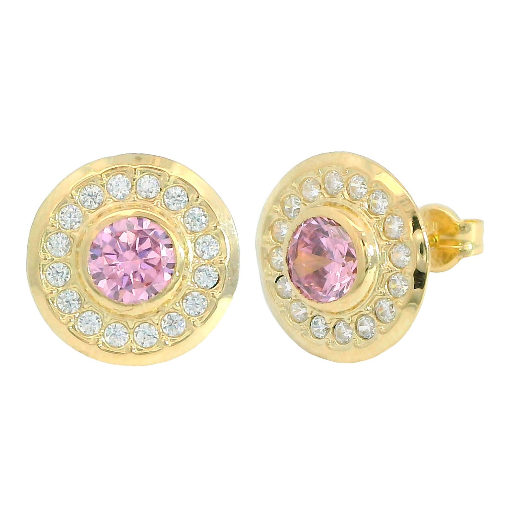11MM ROUND EARRINGS WITH PINK CZ.