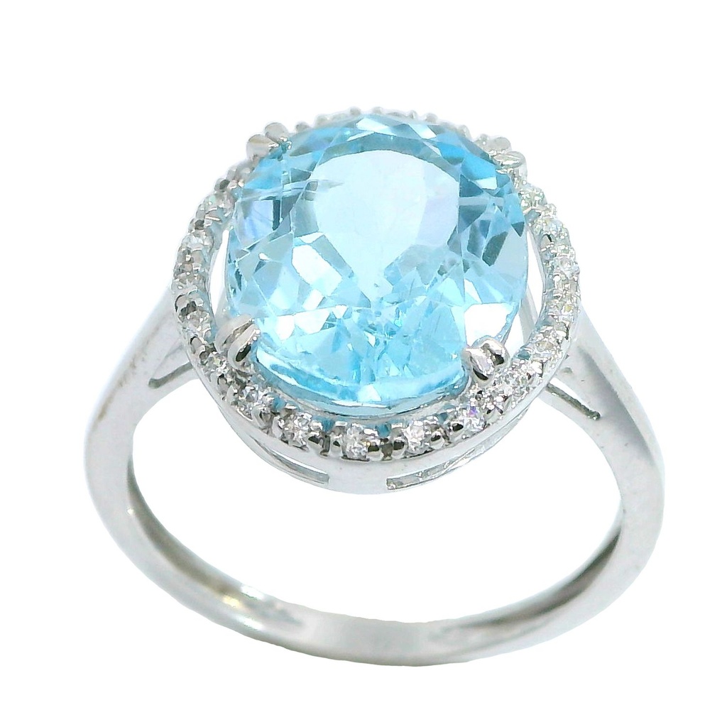 12x8MM BLUE TOPAZ AND CZ WHITE GOLD RING.