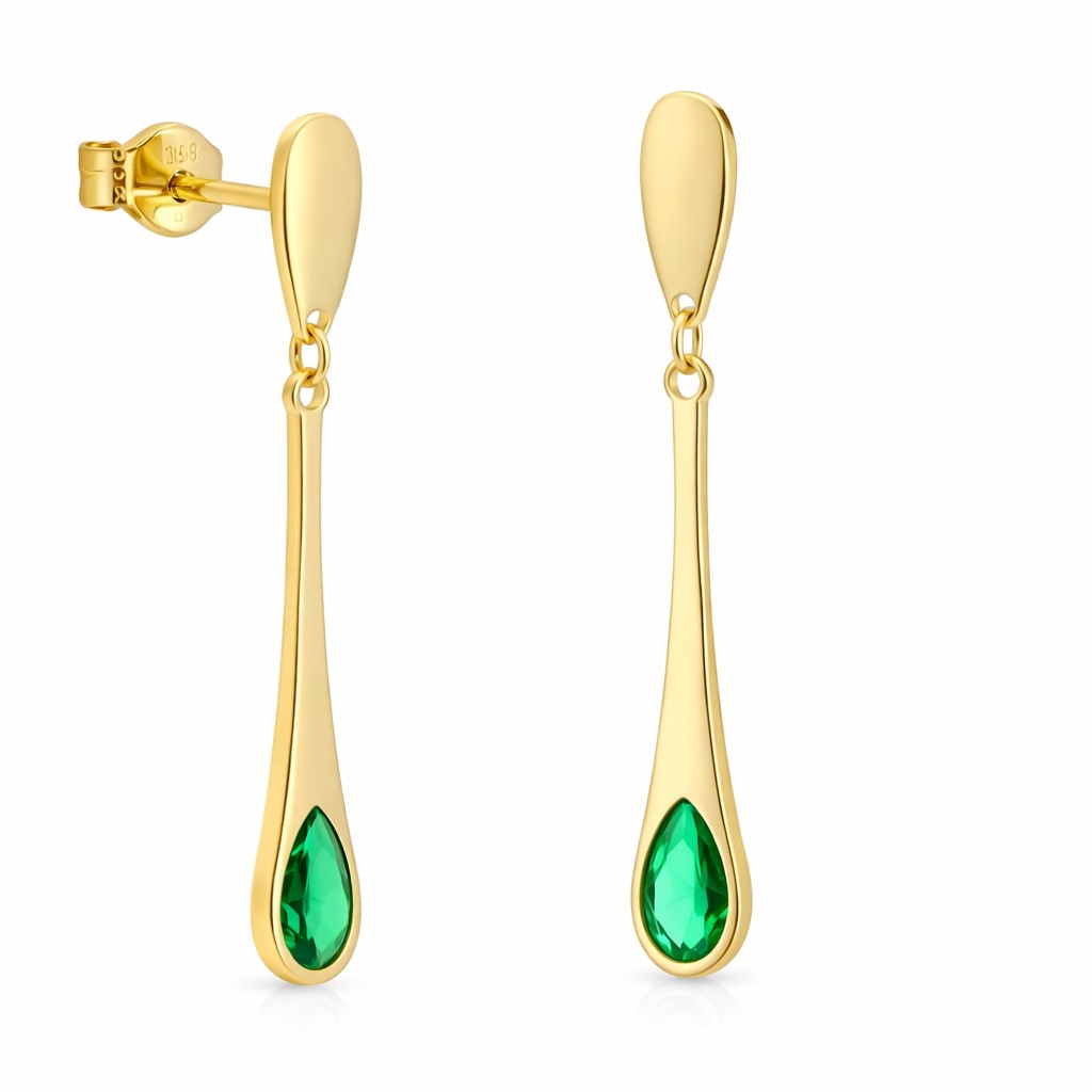 PENDIENTES LARGO 24MM LISO CON 1 PIEDRA NANO ESMERALDA
