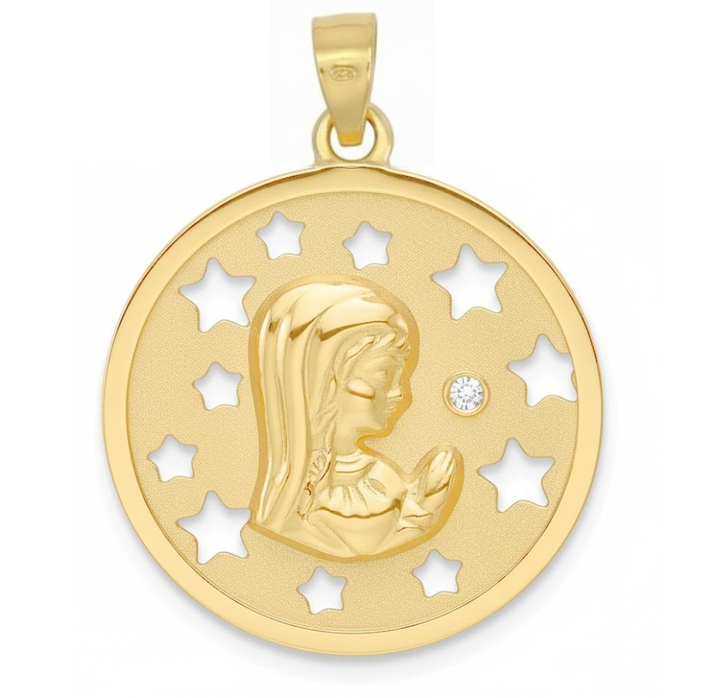 MEDALLA VIRGEN NIÑA CALADA CON ESTRELLAS 18 MM.