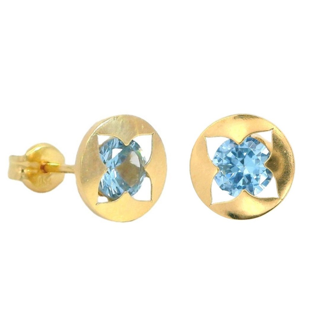 8MM ROUND EARRINGS WITH AQUAMARINE COLOR CZ.