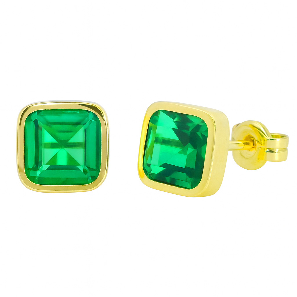 6x6MM EMERALD COLOR CZ SQUARE STUD EARRINGS.