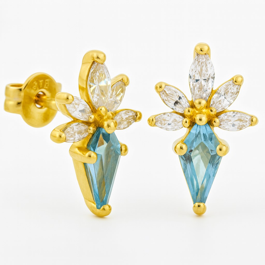 PENDIENTES FLOR COMETA PÌEDRA COLOR AGUAMARINA DE 7x4MM.12MM.