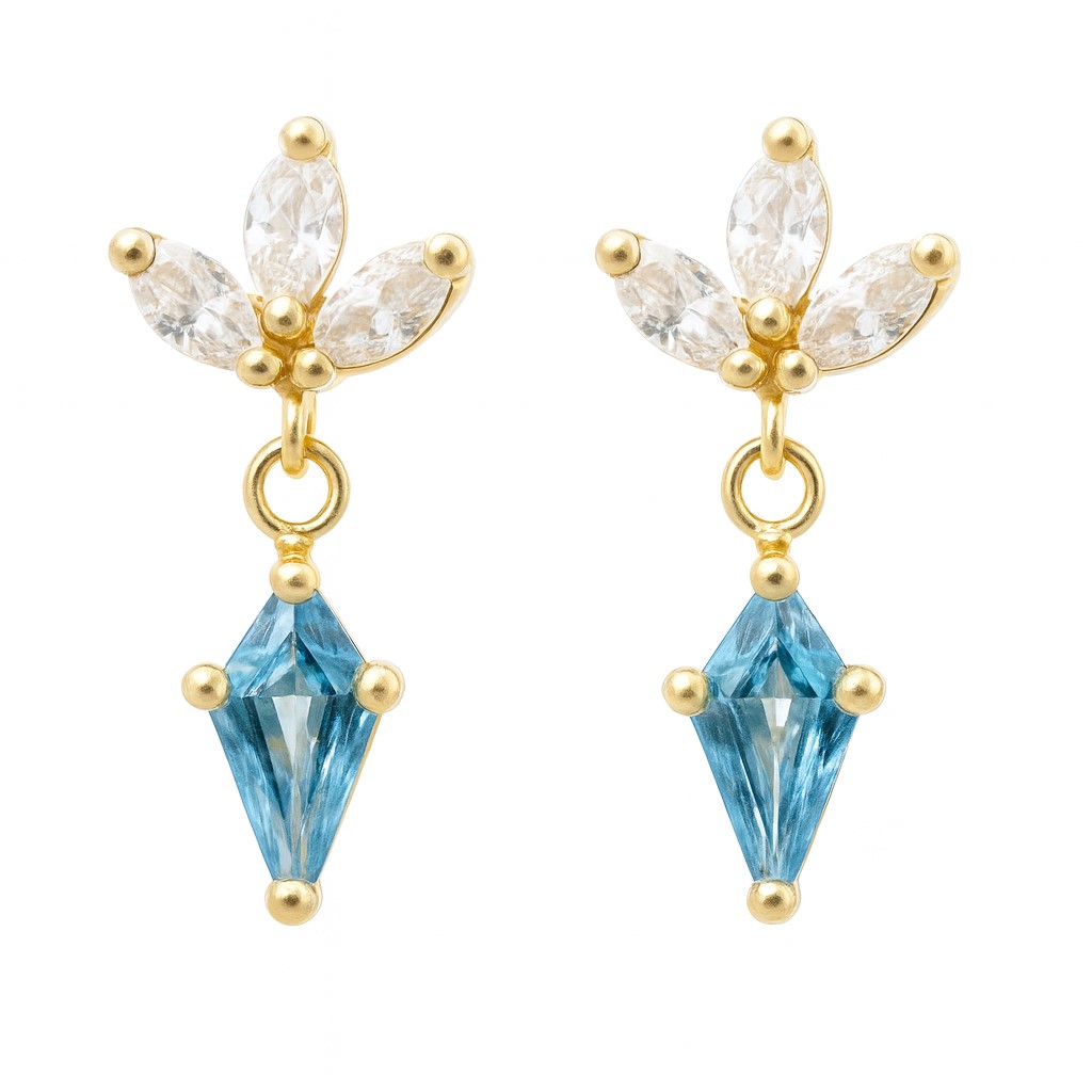 7x4MM AQUAMARINE COLOR KITE CZ EARRINGS.11MM.