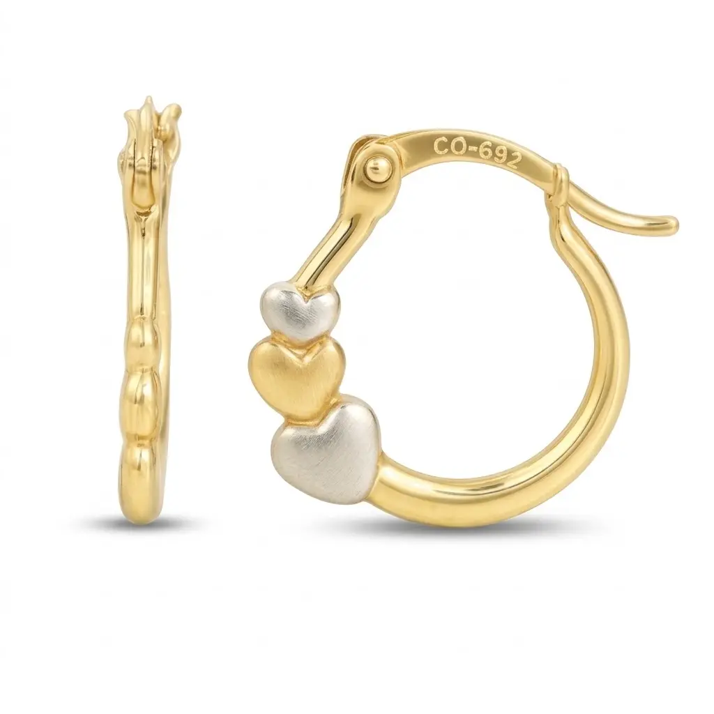 17x15x2MM THREE TONE HEARTS HOOP EARRINGS.