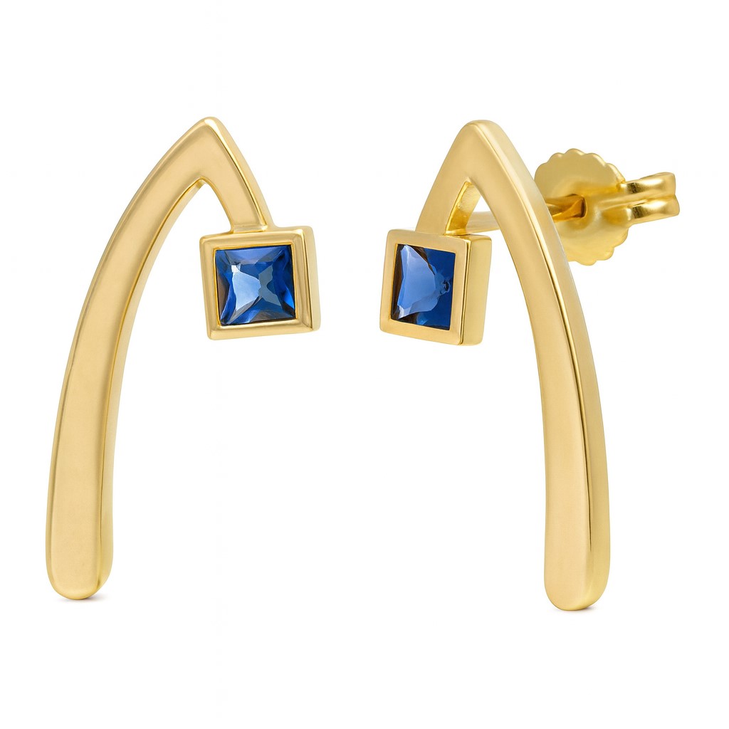 INVERTED "V"EARRINGS WITH SAPPHIRE COLOR STONE.21MM.