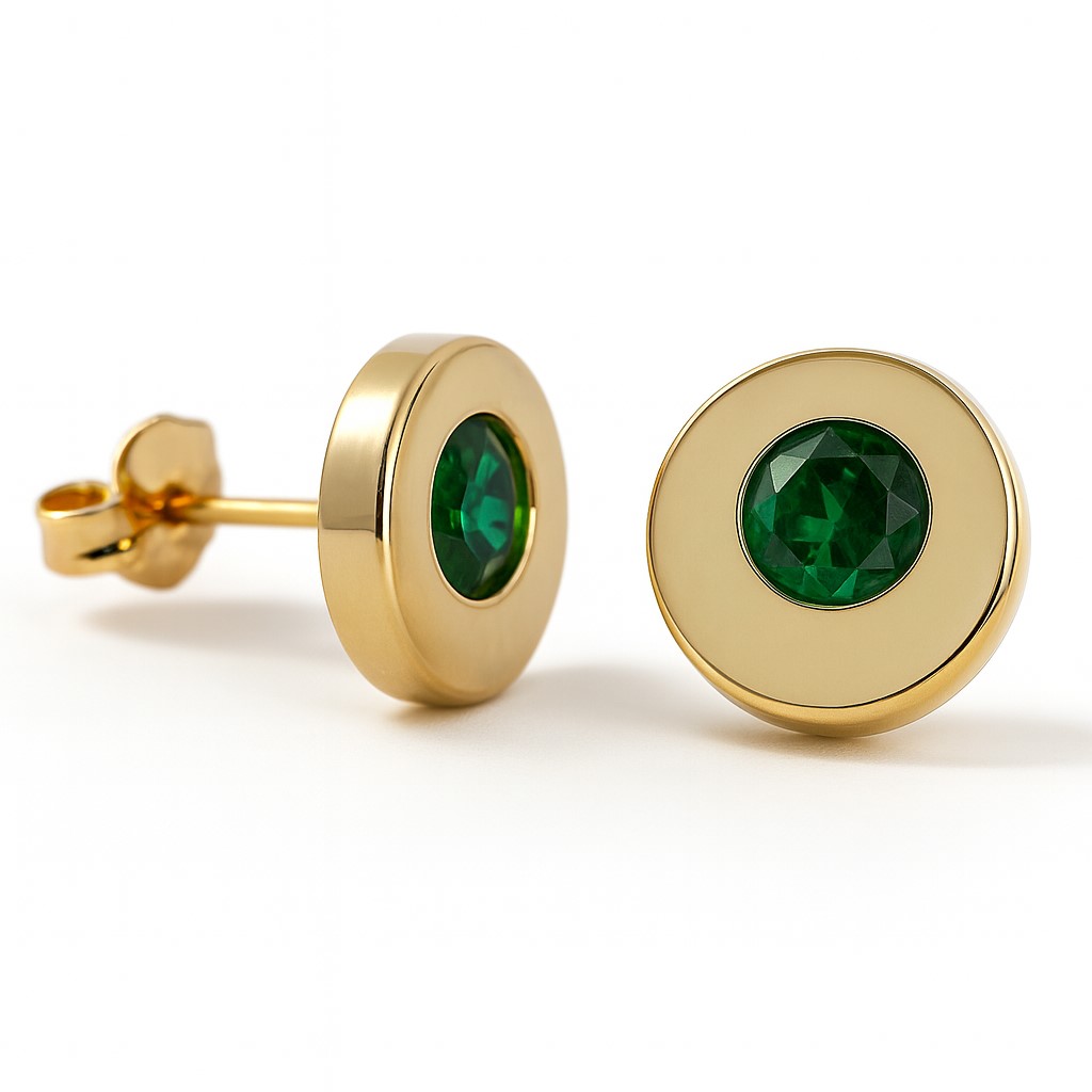 NANO EMERALD ROUND STUD EARRINGS.BUTTERFLY CLASP.