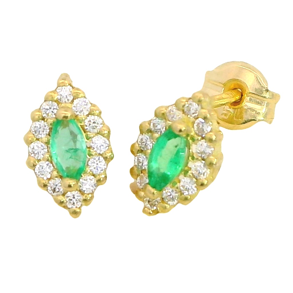 3x2EMERALD AND CZ SHUTTLE EARRINGS.8x5MM.