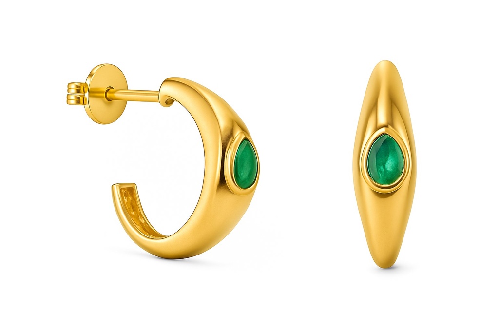 12x3MM HOOP EARRINGS WITH 3x2MM EMERALD.