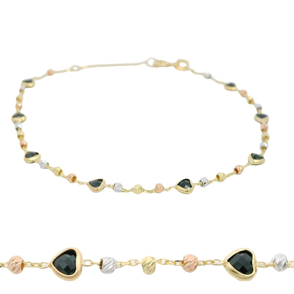 PULSERA CIRCONITAS NEGRAS CORAZON Y BOLAS TRICOLOR.