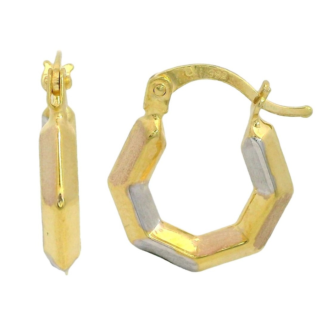 THREE TONE HEXAGON HOOP EARRINGS.