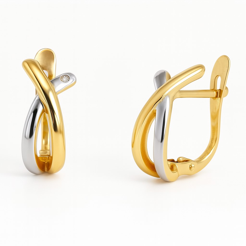 TWO TONE EARRINGS WITH CZ.CATALAN CLOSURE
