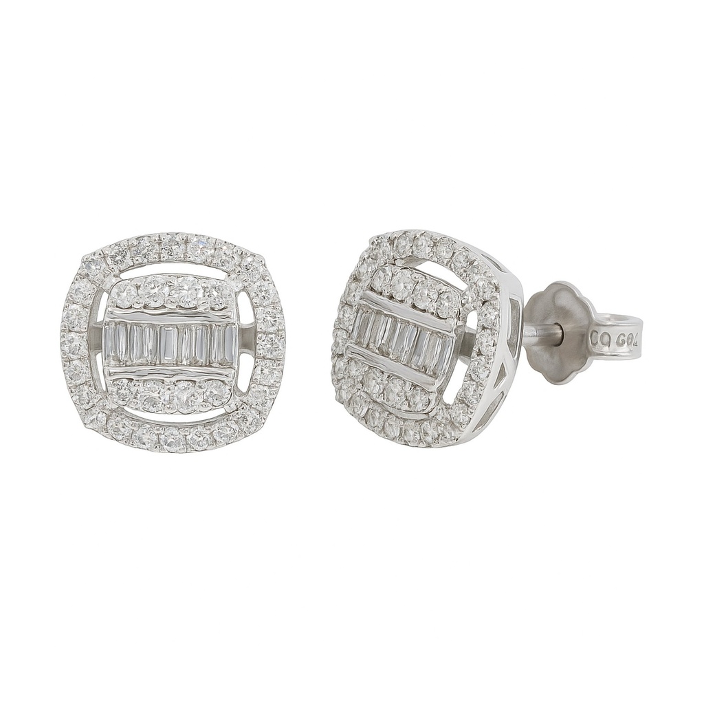 WHITE GOLD SQUARE DIAMOND STUD EARRINGS.QUALITY SI.COLOR H.0.31 CT TW