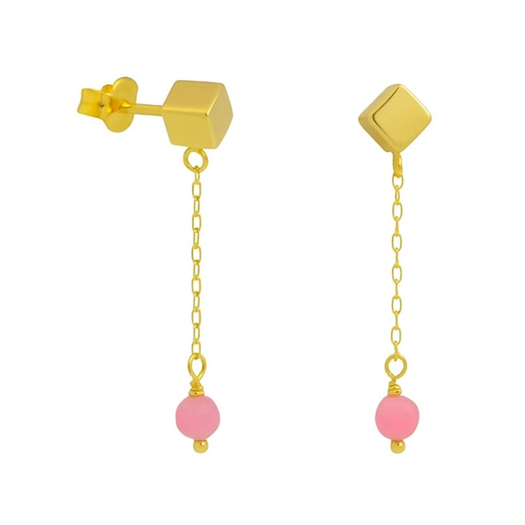 PENDIENTES CADENA CUBO PIEDRA TURMALINA ROSA SEMIPRECIOSA