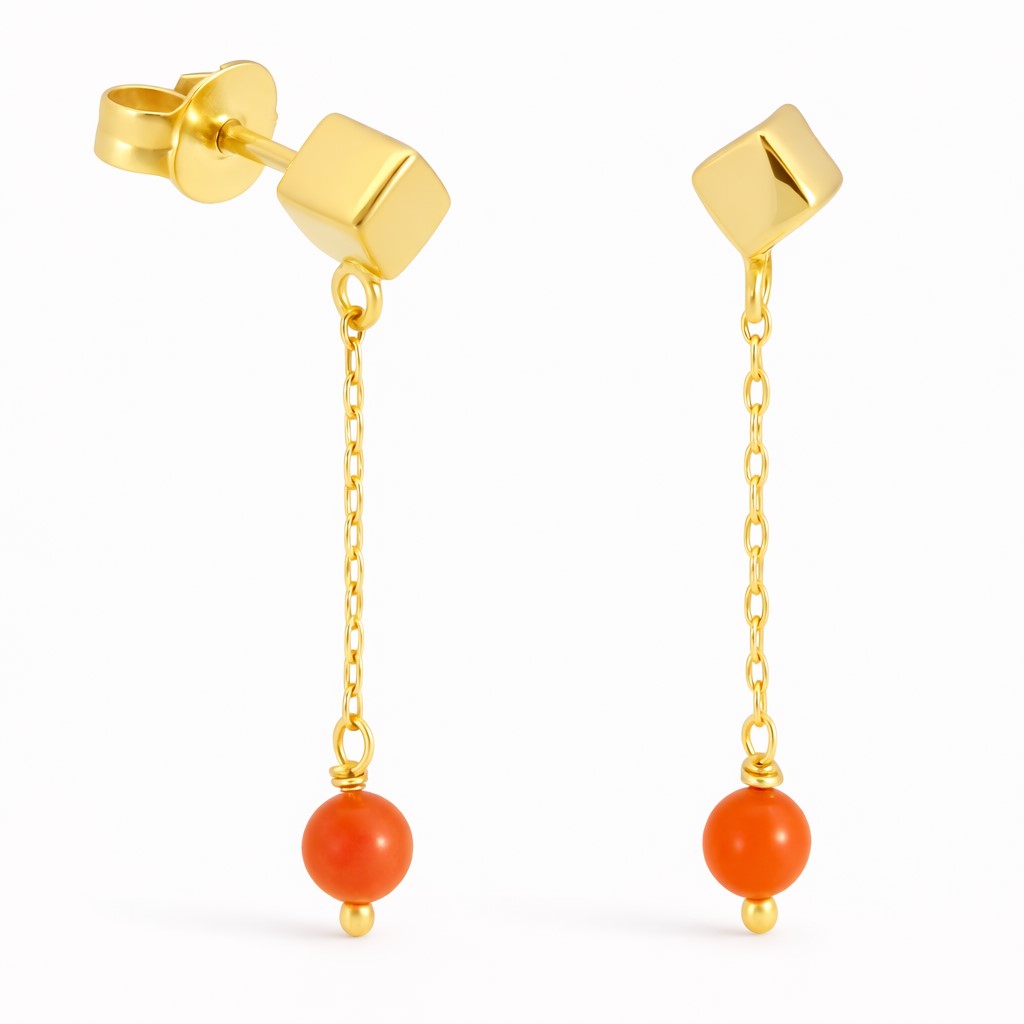 PENDIENTES CUBO Y BOLAS DE CORAL NATURAL