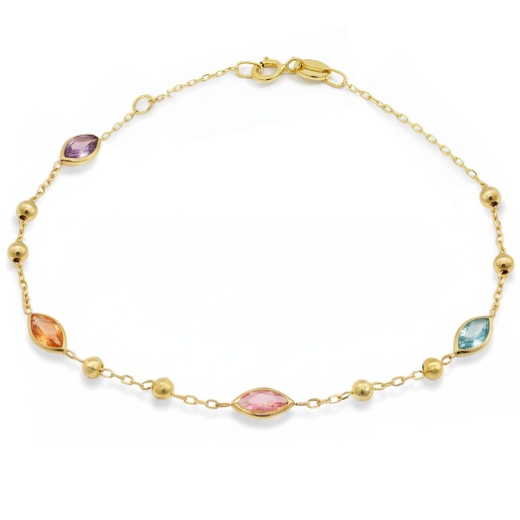 GOLD BALLS AND COLORED MARQUISE CZ BRACELET.17CM