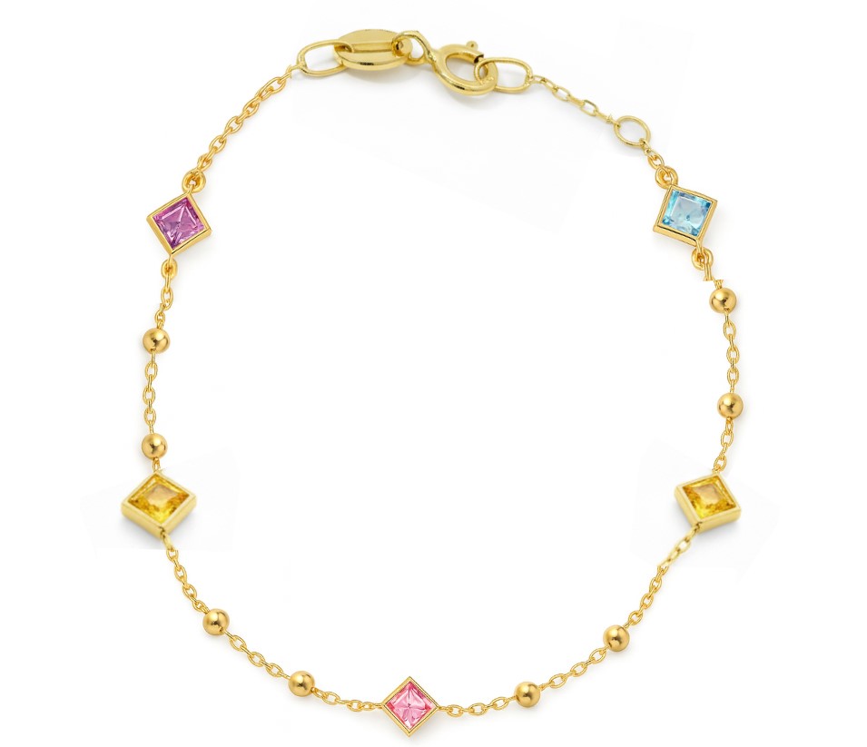 PULSERA BOLAS Y CIRCONITAS ROMBO DE COLOR .17CM