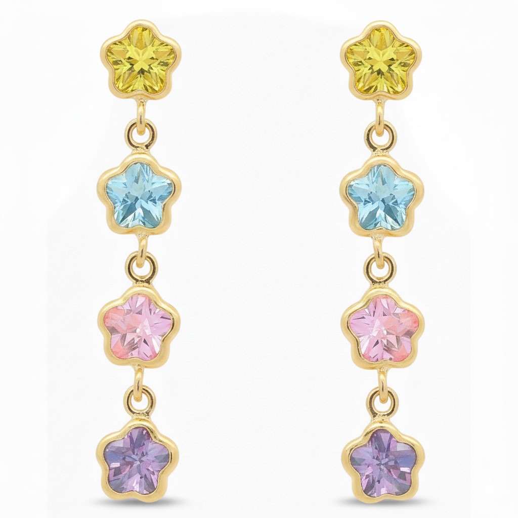 29MM COLOURED CZ DANGLING EARRINGS.PUSHBACK.9 KARAT
