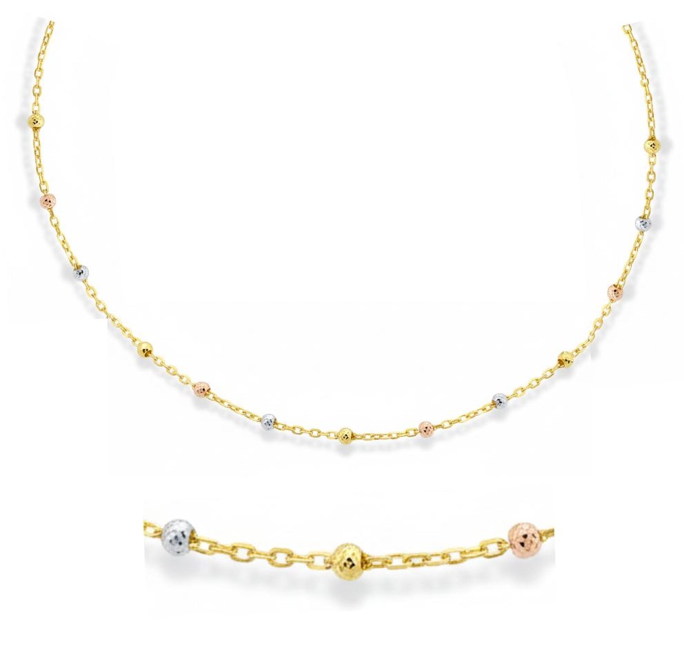 1'5MM TRI-COLOR GOLD CARVED BALLS NECKLACE.9 KARAT