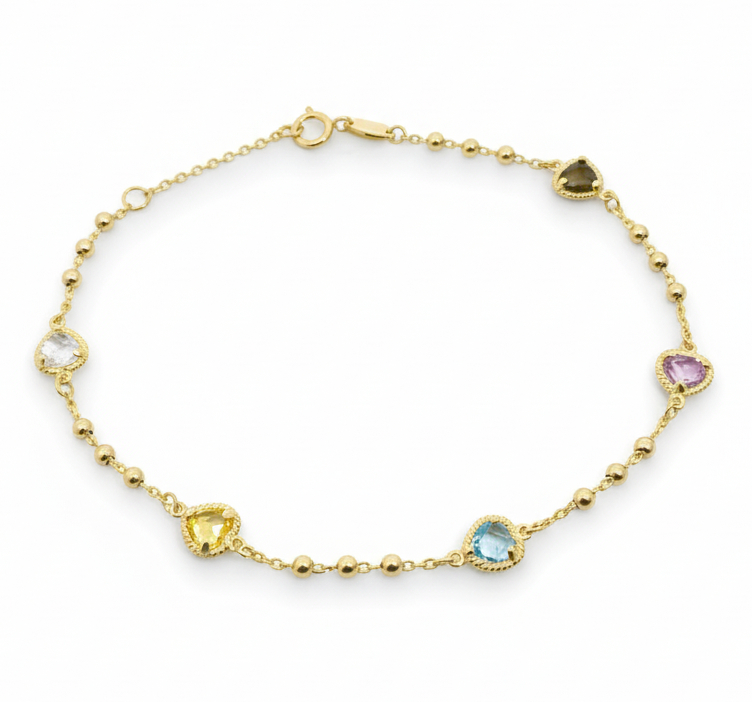 HEART COLORED CZ BRACELET.17CM.9 KARAT