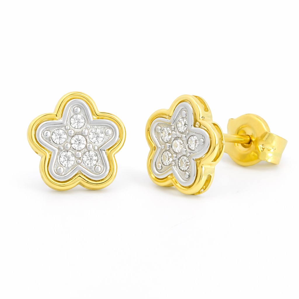 PENDIENTES FLOR BICOLOR. 6MM.PRESION 9KILATES