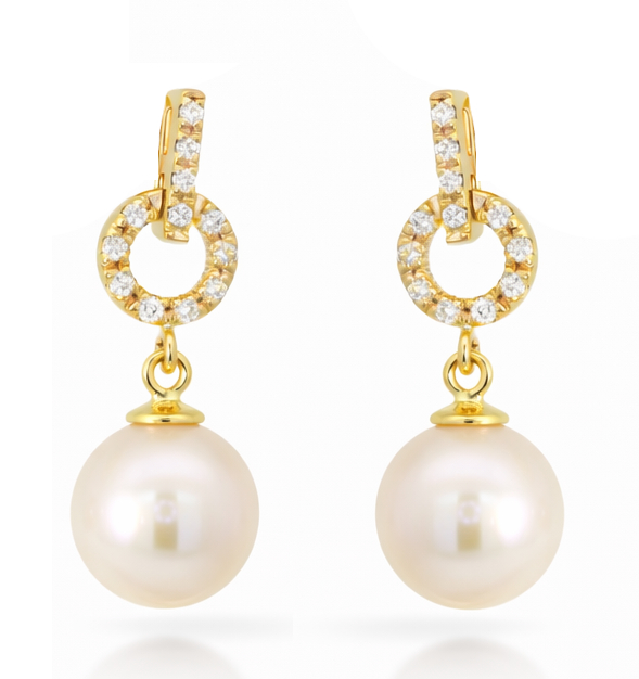 PENDIENTES CIRCONITAS Y PERLA CULTIVADA 7MM.9 KILATES