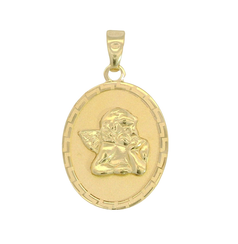 14MM OVAL ANGEL MEDAL.GREEK KEY PATTERN.