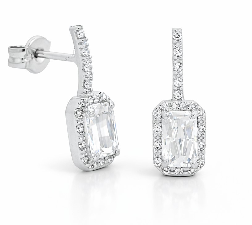16MM BAGUETTE CZ PUSHBACK EARRINGS.WHITE GOLD