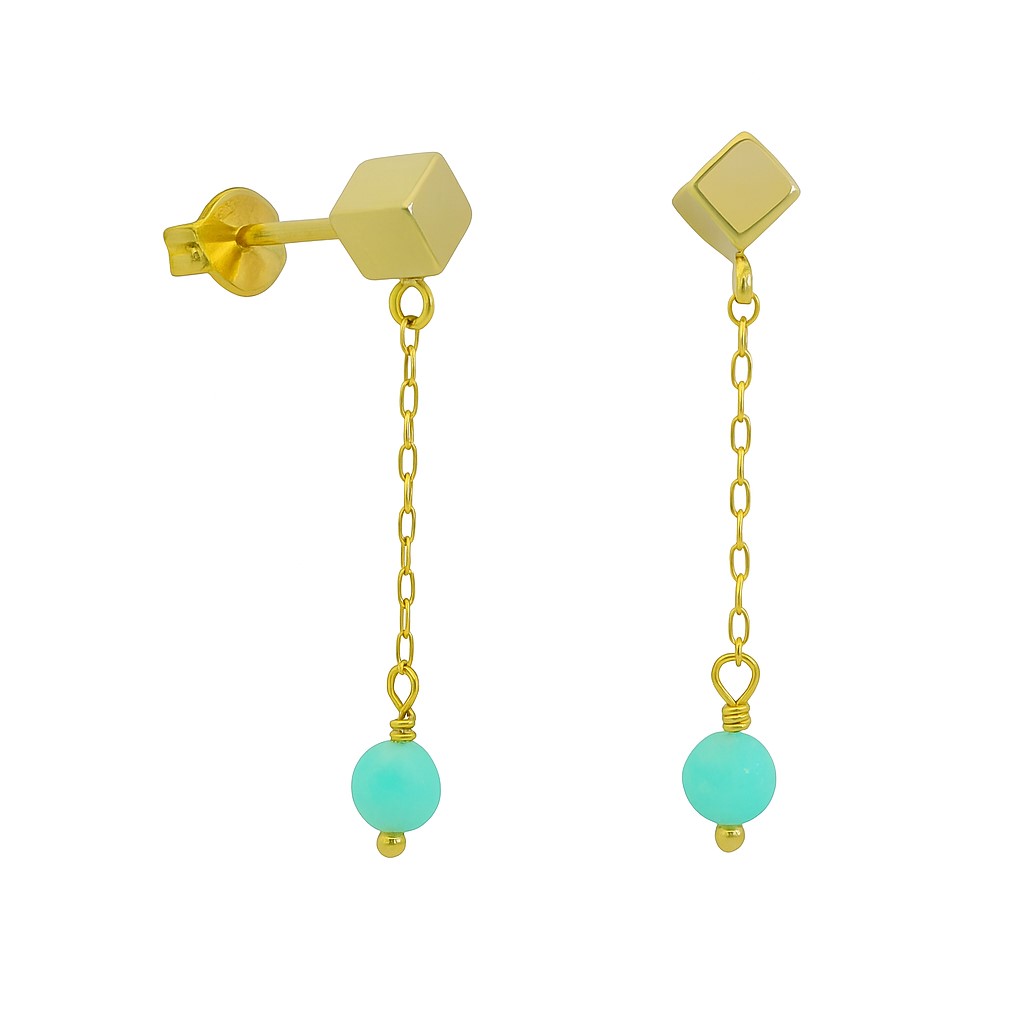 GOLD CUBE,CHAIN AND AMAZONITE DANGLING EARRINGS