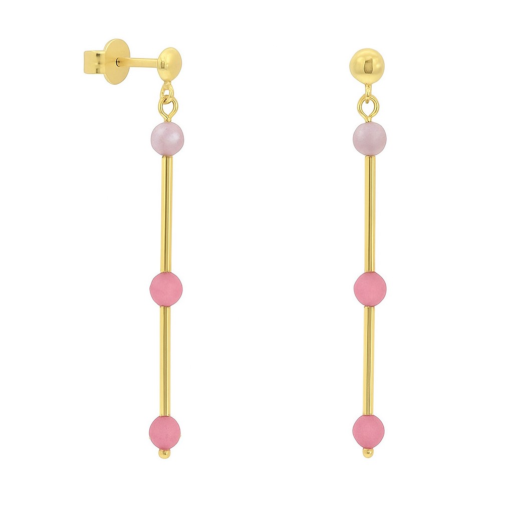 PENDIENTES LARGOS TUBOS CON PIEDRA TURMALINA ROSA SEMIPRECIOSA
