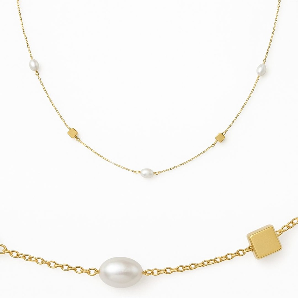 GOLD CUBES AND FRESHWATER PEARL NECKLACE