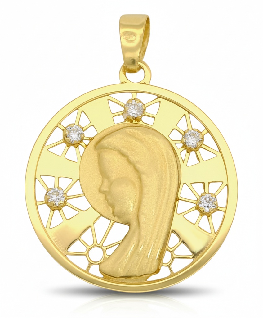 22MM ROUND MEDAL WITH CZ. 9 KARAT GOLD