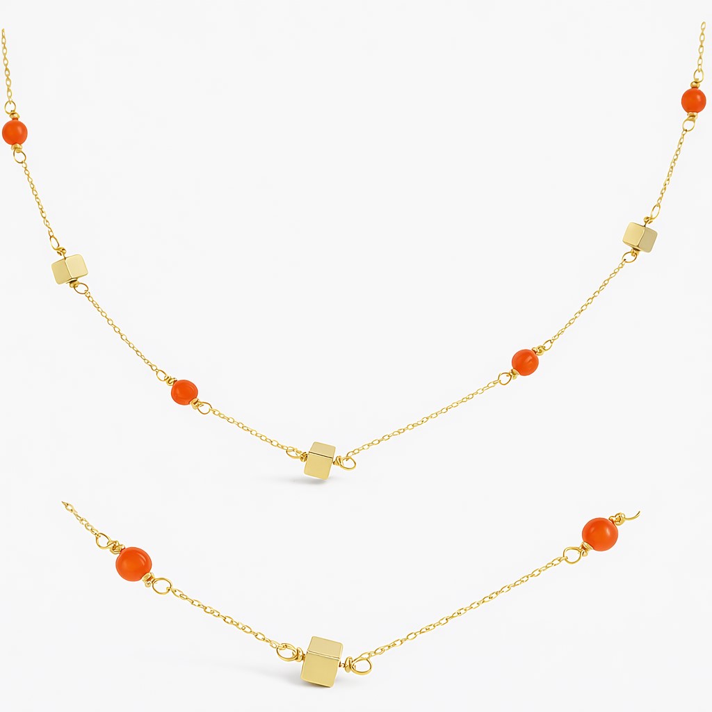 GOLD CUBES AND CORAL REEF BALLS NECKLACE
