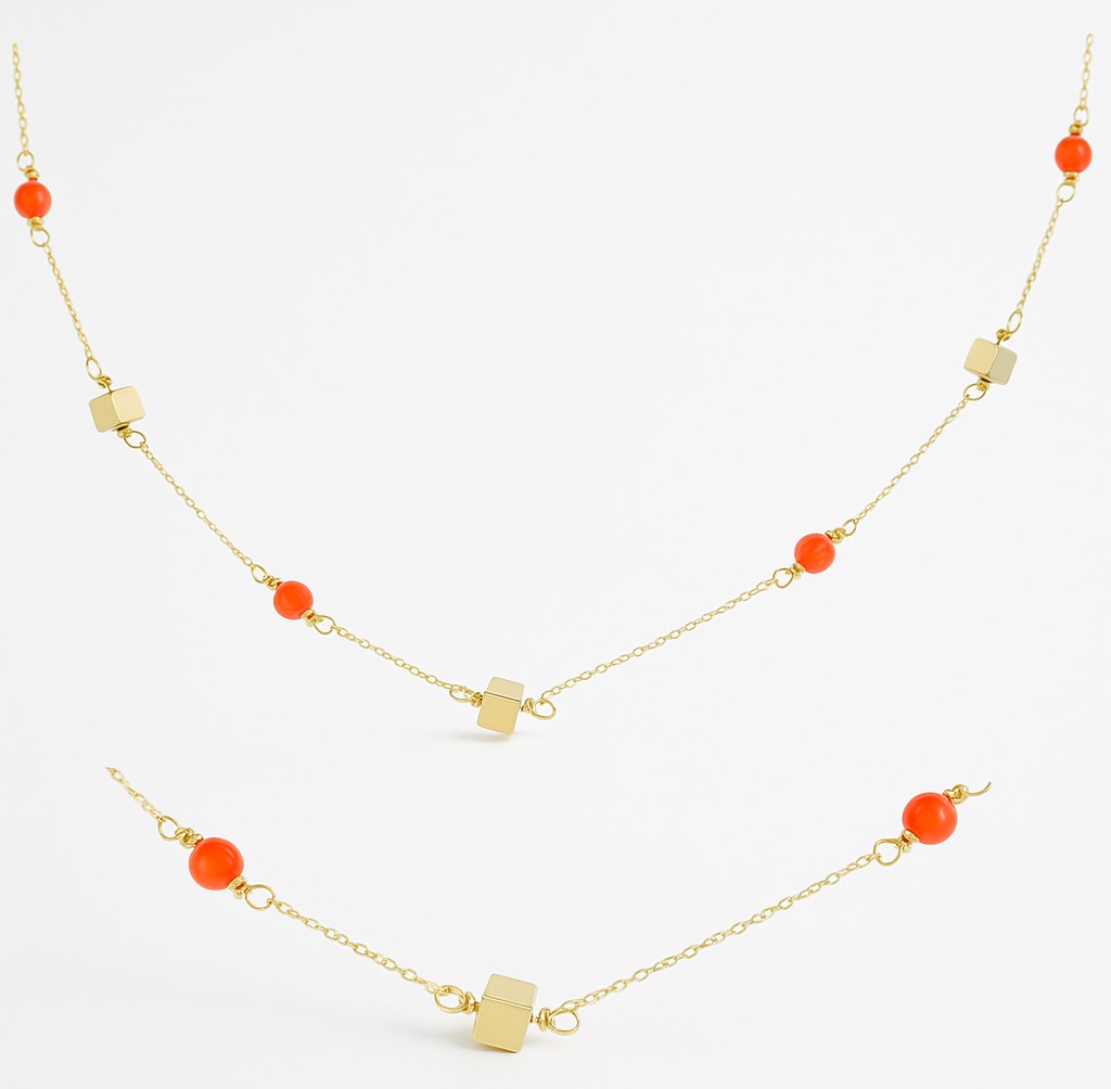 GOLD CUBES AND CORAL REEF BALLS NECKLACE