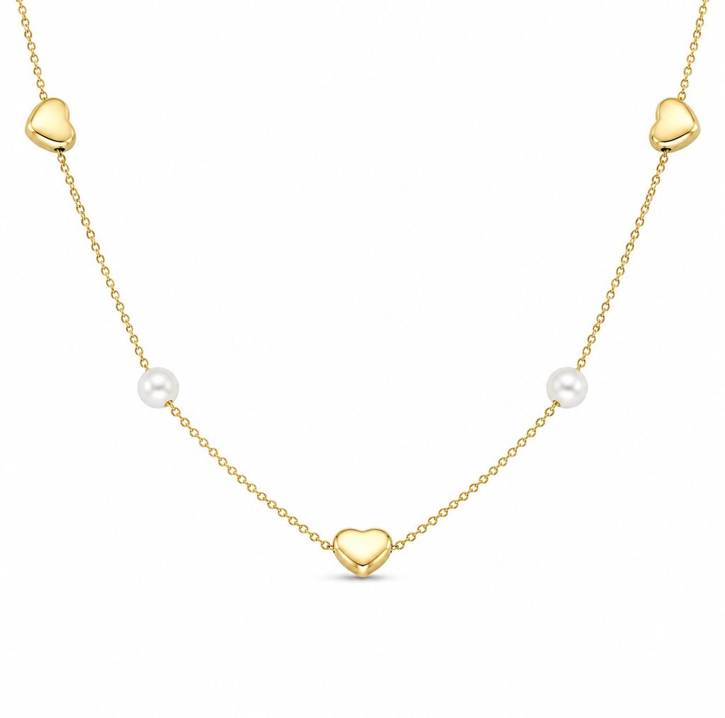 2 FRESHWATER PEARLS AND 3 GOLD HEARTS NECKLACE.