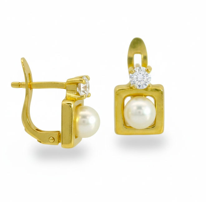 SQUARE FIRST COMMUNION LEVERBACK EARRINGS WITH PEARL