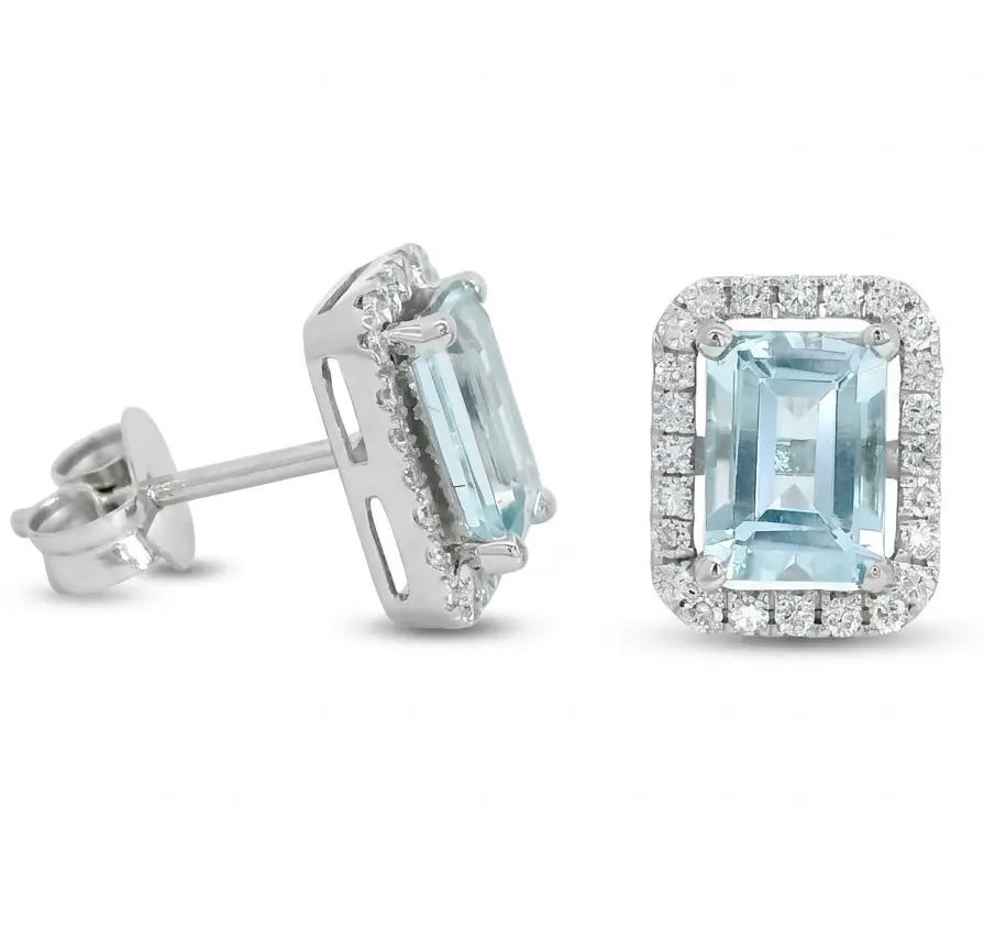 7x5MM(2.2 CT TW) AQUAMARINE STUD EARRINGS WITH H-SI DIAMONDS(0.28 CT TW)