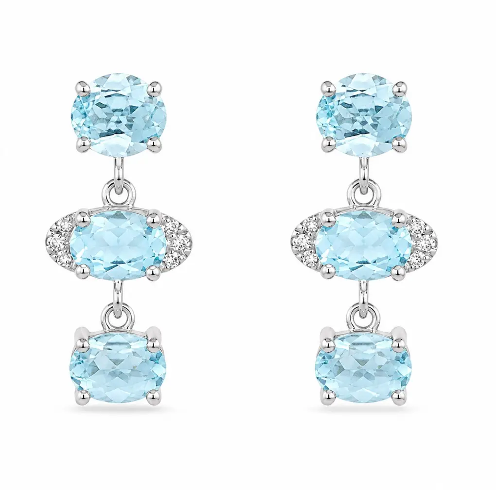 BLUE TOPAZ AND DIAMONDS DANGLING EARRINGS.