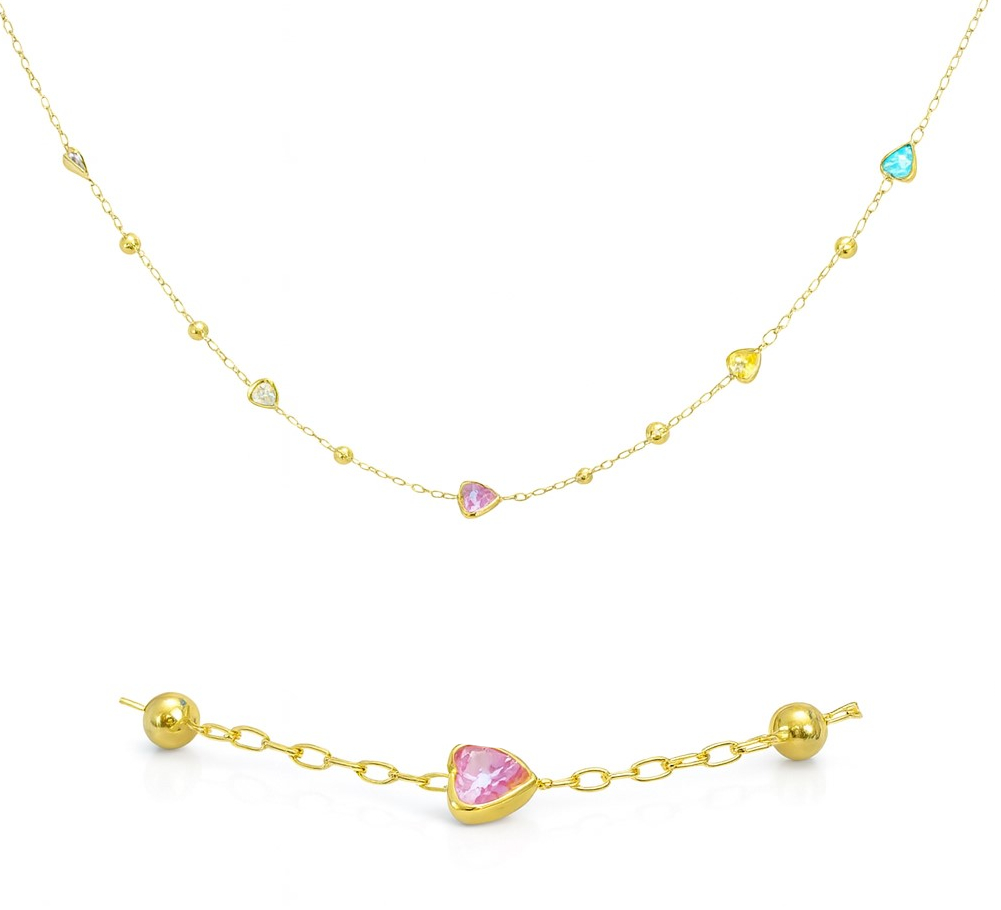 GARGANTILLA BOLAS Y CIRCONITAS  CORAZON DE COLOR .CADENA 45CM