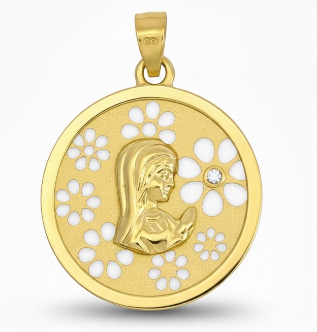 MEDALLA VIRGEN NIÑA REDONDA SATINADA CON FLORES CALADAS 20 MM (copia)