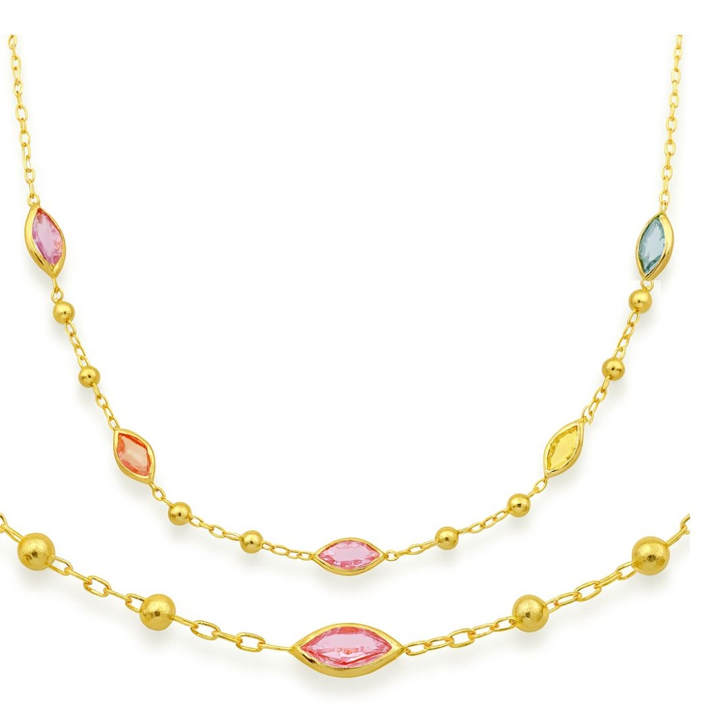 GOLD BALLS AND COLORED MARQUISE CZ NECKLACE.45CM