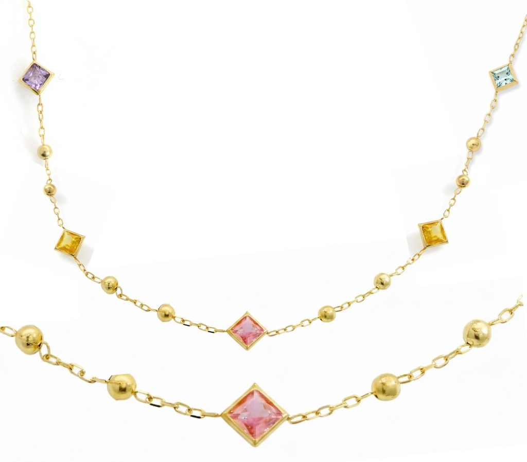 COLORED CZ AND GOLD BALLS NECKLACE.45CM