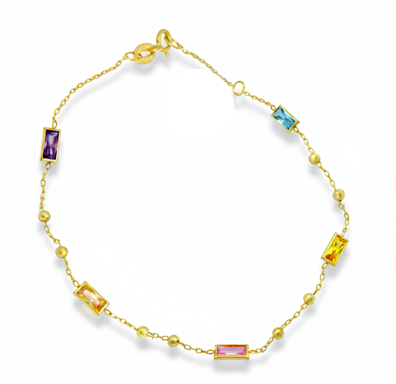 PULSERA BOLAS Y CIRCONITAS BAGUETTES DE COLOR .17CM