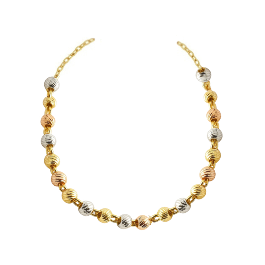 1'5 MM TRI-COLOR 9 KARAT GOLD CARVED BALLS NECKLACE
