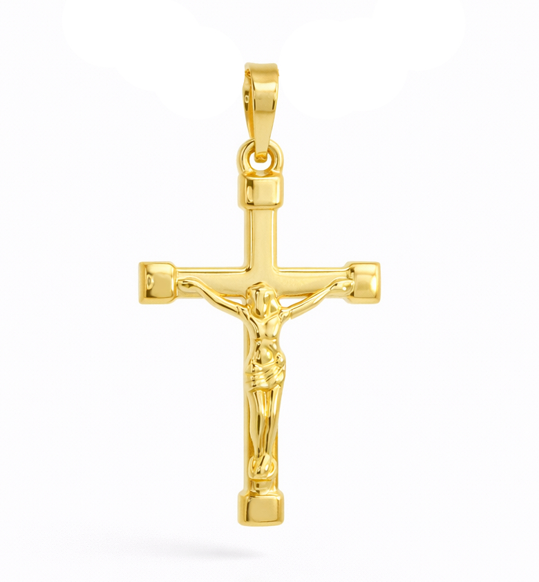 CRUZ LISA CON CRISTO 26x17MM.9 KILATES