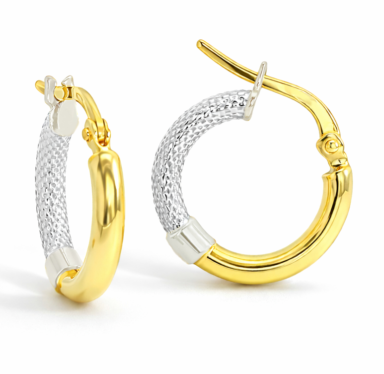 TWO TONE GOLD HOOP EARRINGS.15x2MM.9 KARAT