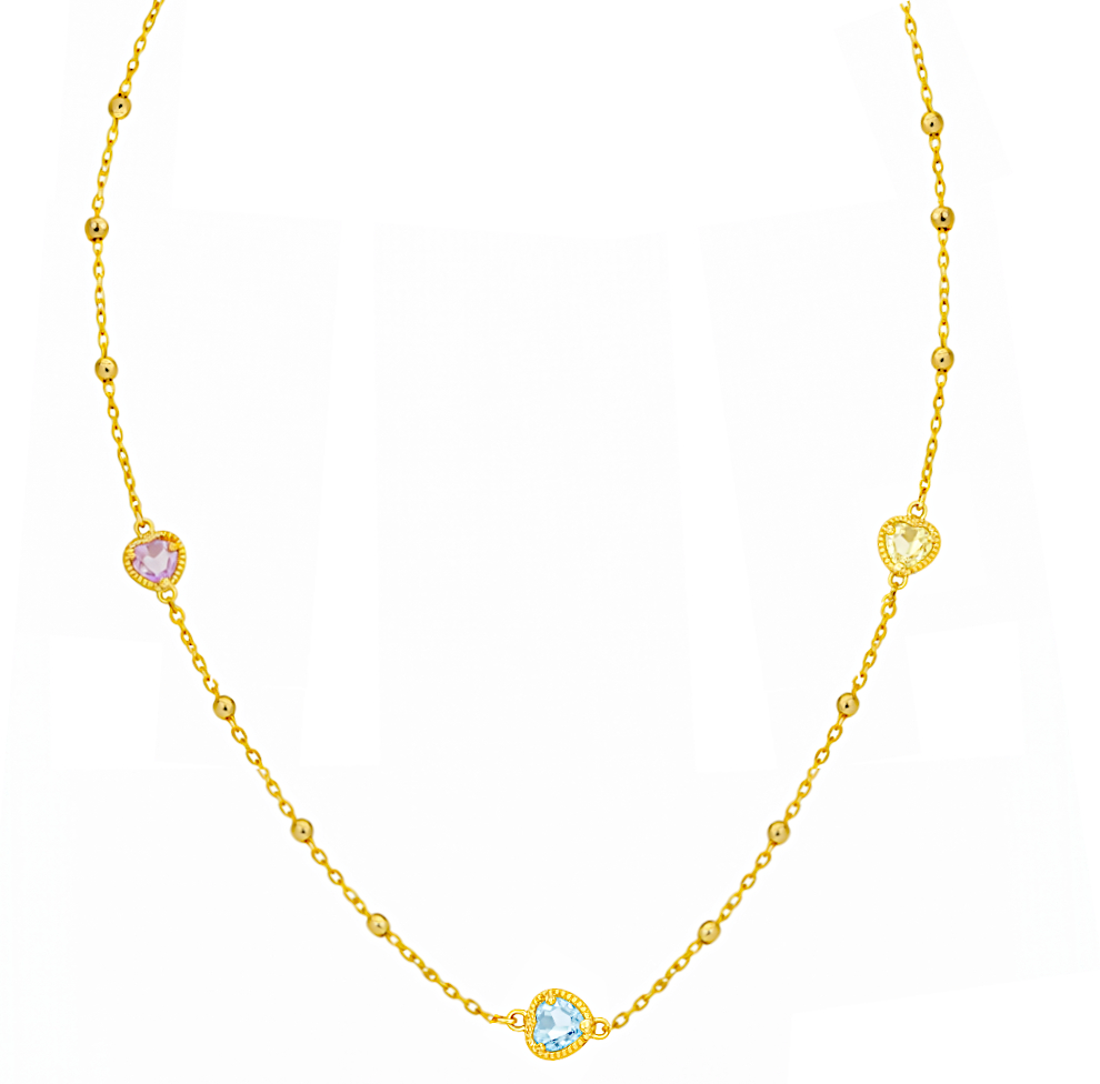 HEART COLORED CZ AND GOLD BALLS NECKLACE.9 KARAT