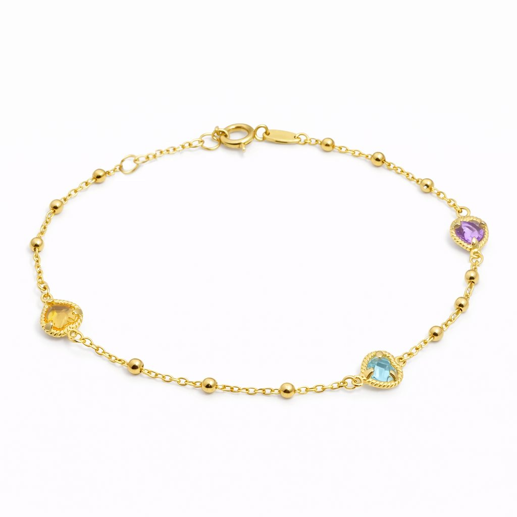 COLORED HEART CZ AND BALLS BRACELET.17CM.9 KARAT