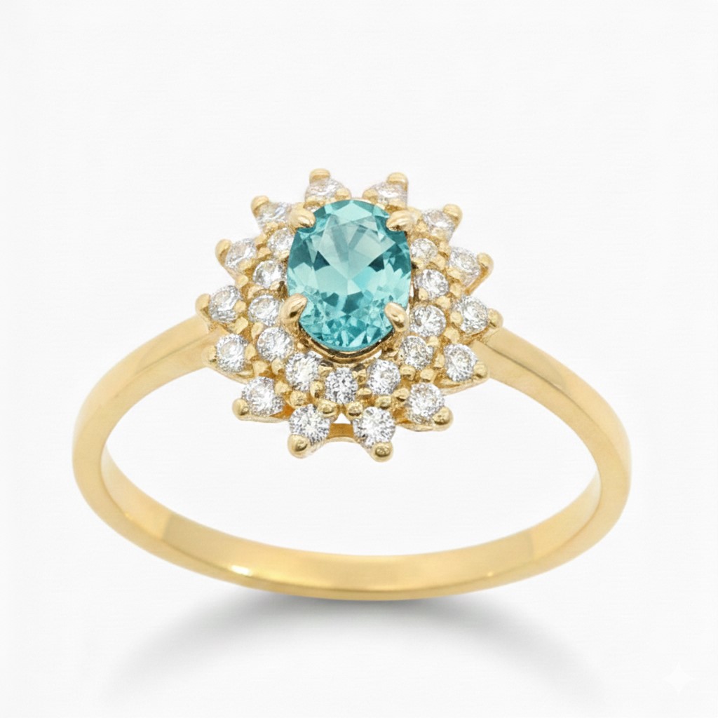 SORTIJA CIRCONITA OVAL COLOR AGUA MARINA 5x4MM.9KILATES