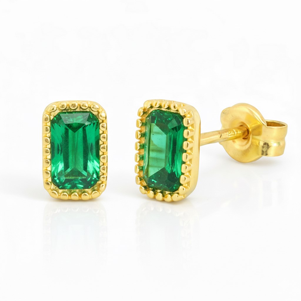 PENDIENTES NANO ESMERALDA OCTOGONO 6x4MM.9 KILATES